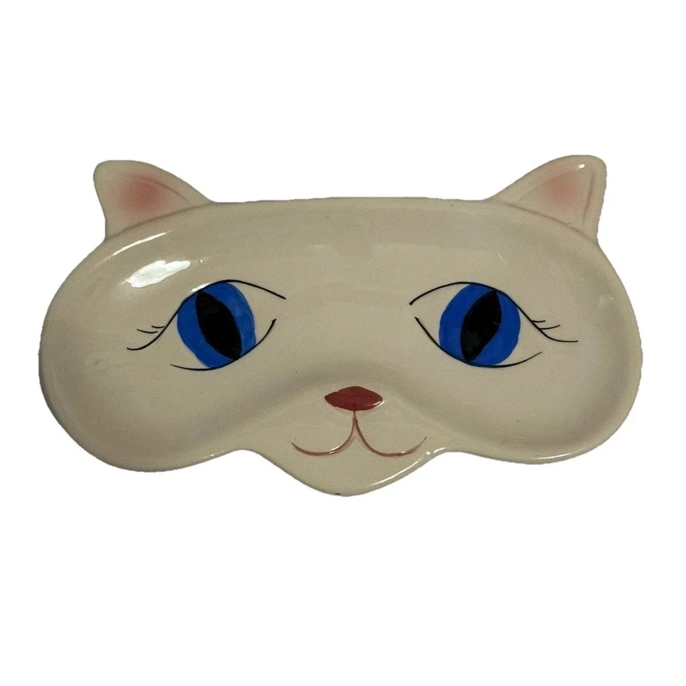 Vintage Ceramic Cat Face Trinket Dish with Blue Eyes - Mid-Century Modern Kitty